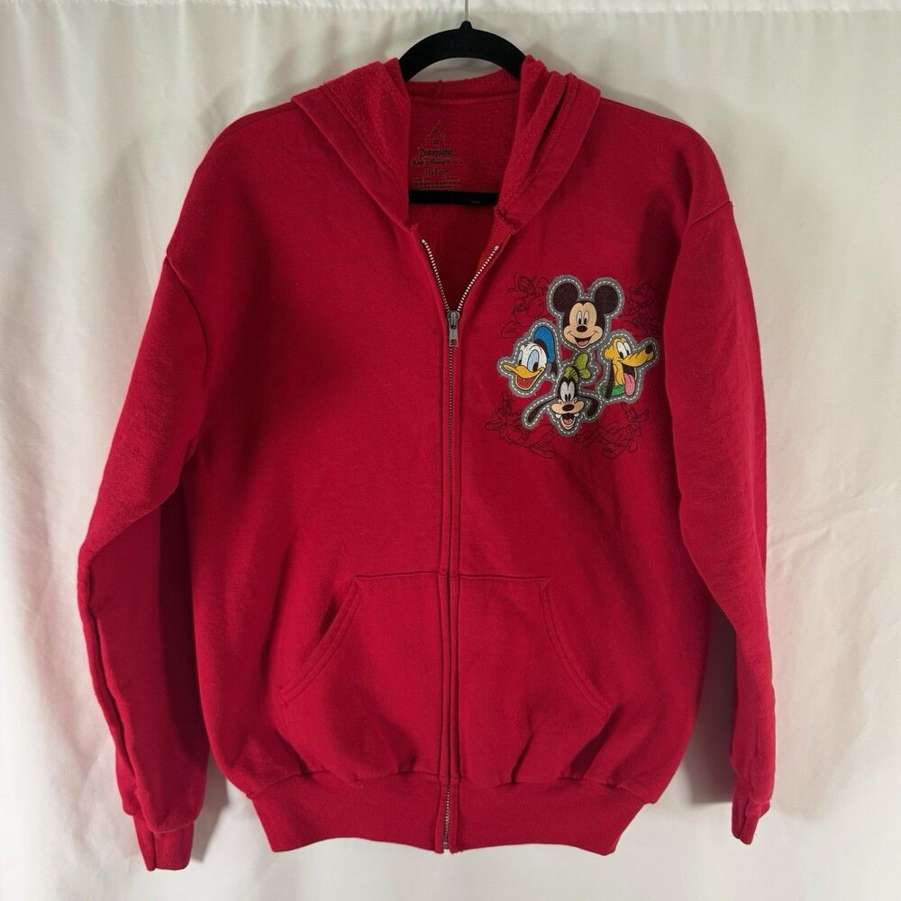 Disneyland Walt Disney World Hoodie Girl XL Red Full Zip Drawstring Mickey Goofy
